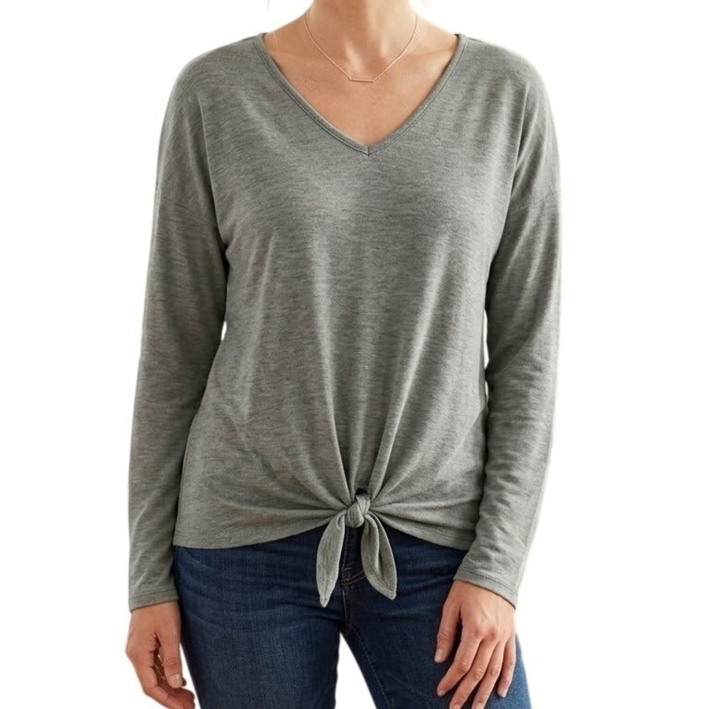IRIS BASIC Women's Long Sleeve V Neck Tunic Top Olive Green Knot Front Size L